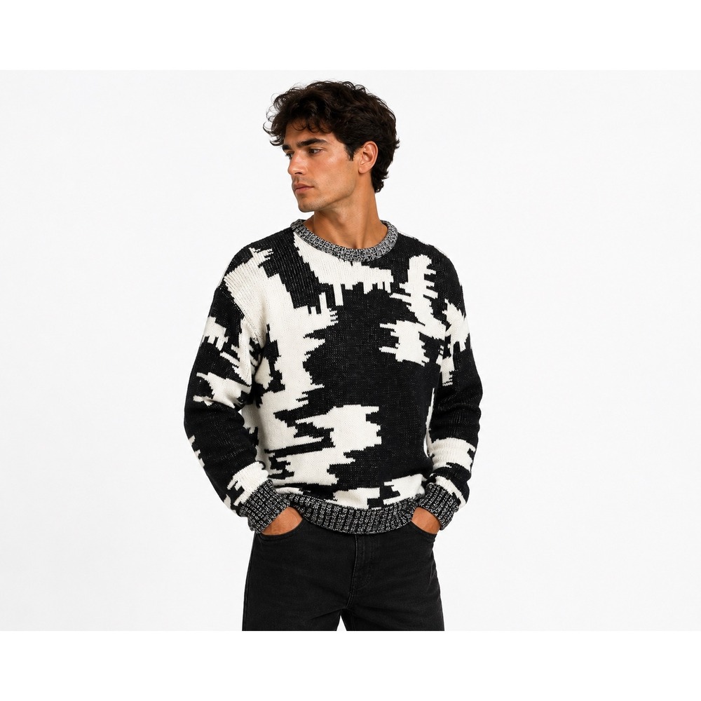 Koman Knit Sweater Mens Small Black White Abstract Geometric‎ Crewneck Vintage